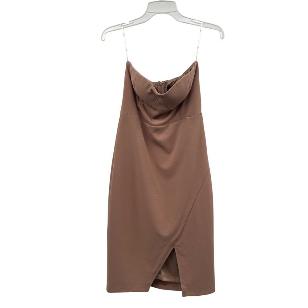 Lulus Womens Strapless Sheath Dress Front Slit Tan Size Large